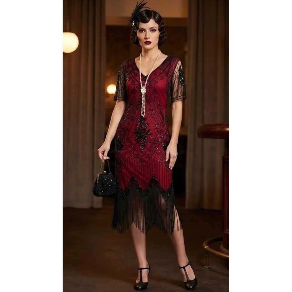 Faybox Womens Burgundy Black Beaded Sequin Fringe Flapper Gatsby Dress Medium